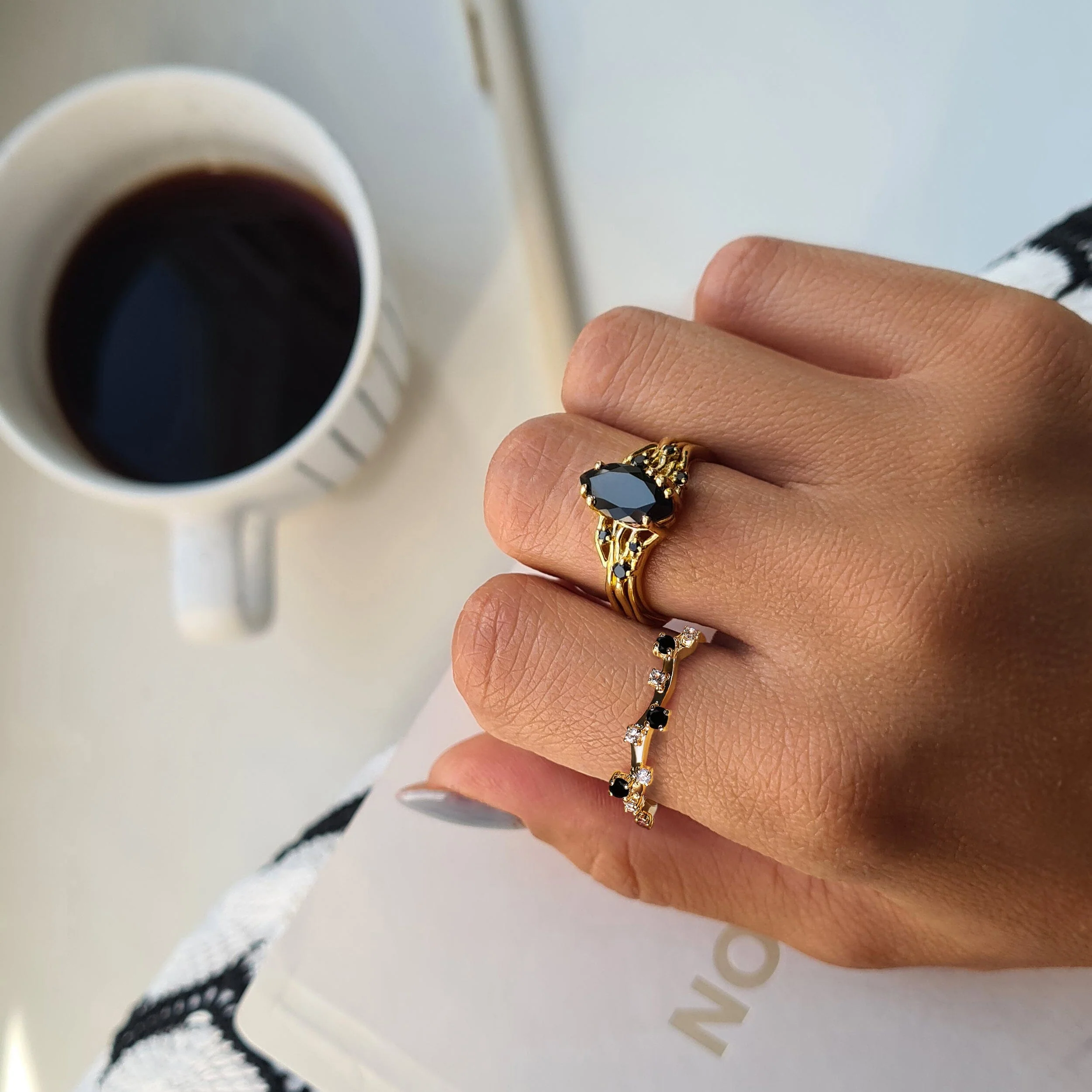 Black Obsidian Black Spinel Ring - Radiance & Black Onyx Ring - Stardust Band - Image 6
