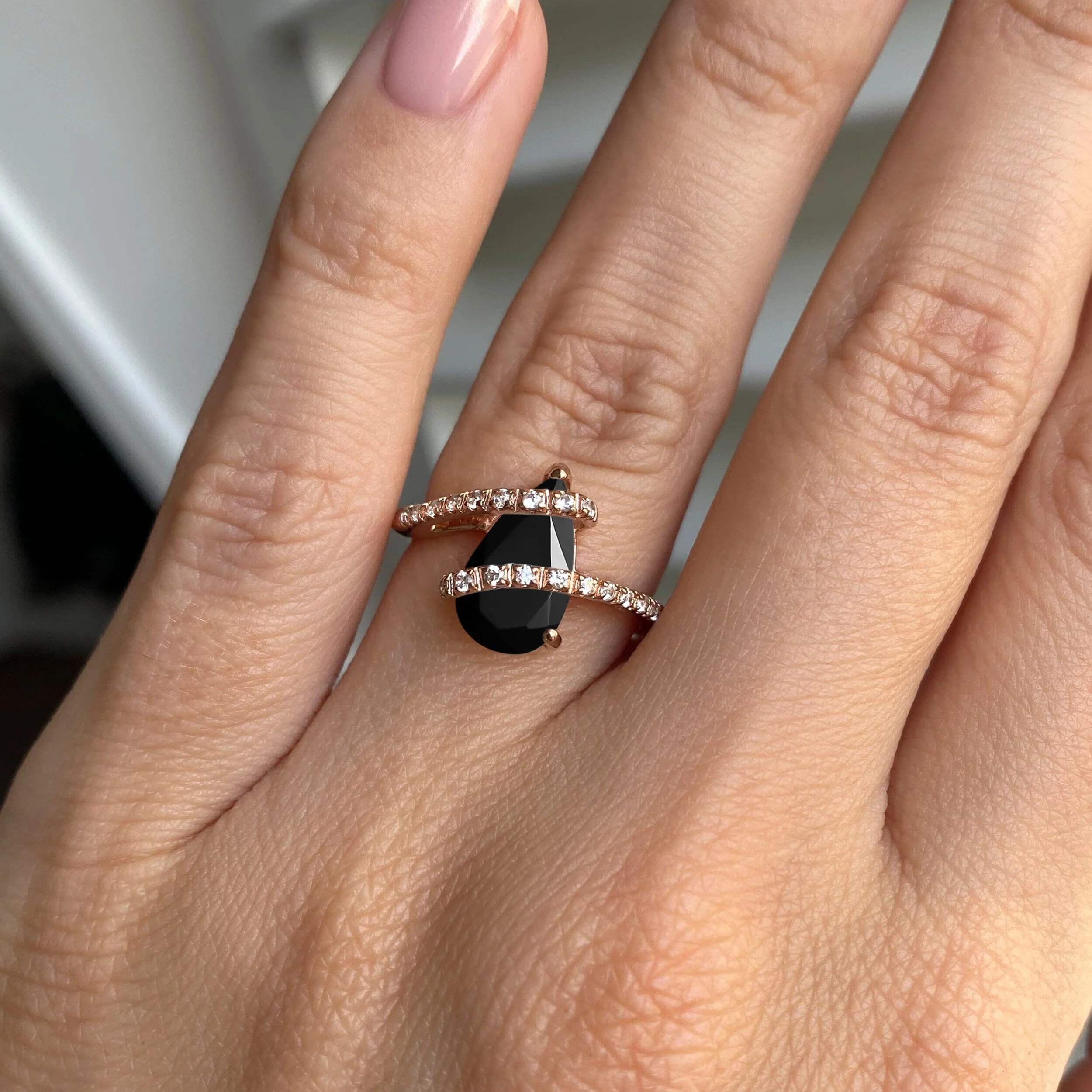 Black Obsidian White Zircon Ring - Bypass - Image 4
